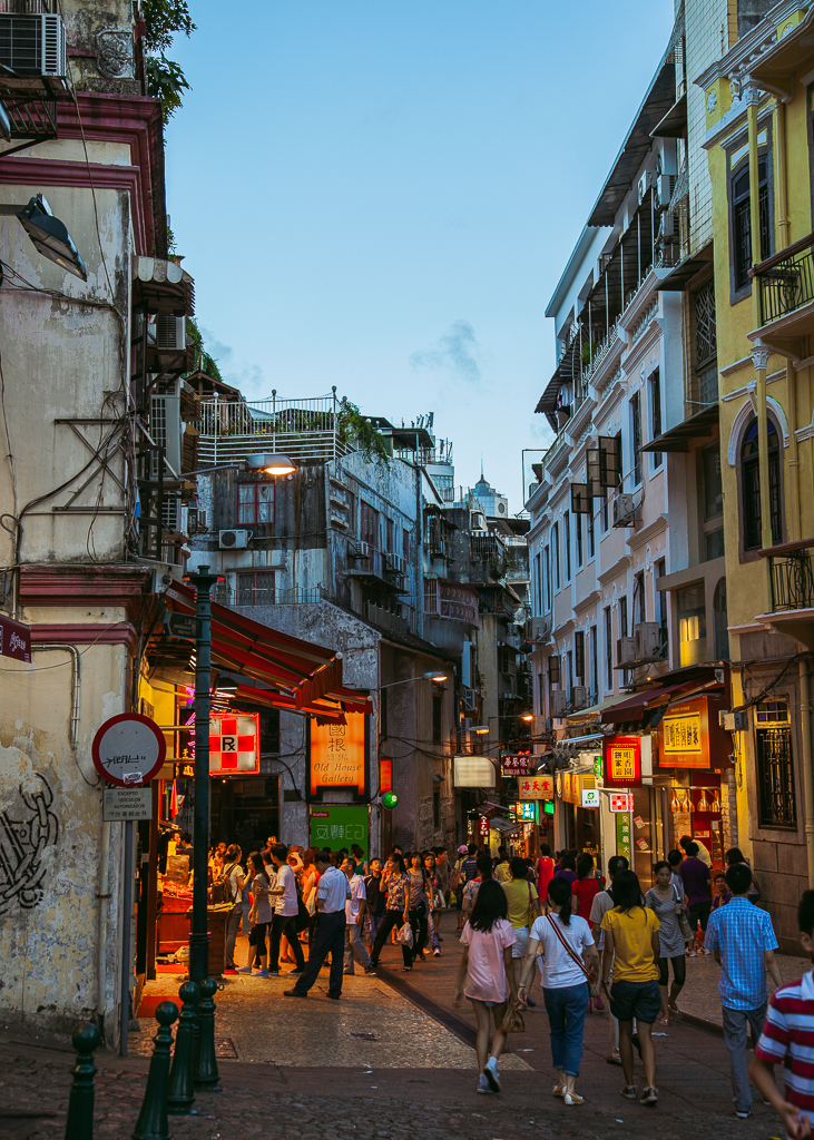 A busy street lined with Macau's specialty shops in Santo Antonio.
